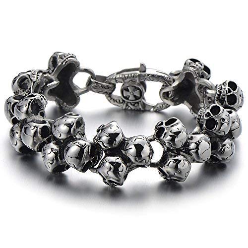 Gothic Large Stainless Steel Triple Skulls Bracelet for Men