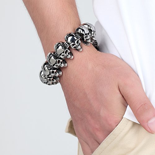 Men 8.5 Inches Stainless Steel Skull Head Gothic Biker Bracelet