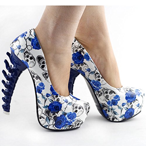 Skull Rose Print Platform Bone Heel Pumps - Blue