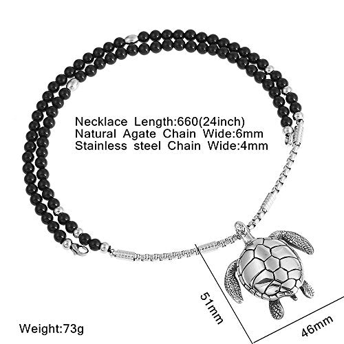 Black Natural Agate Stone Stainless Steel Sea Turtle Pendant Necklace
