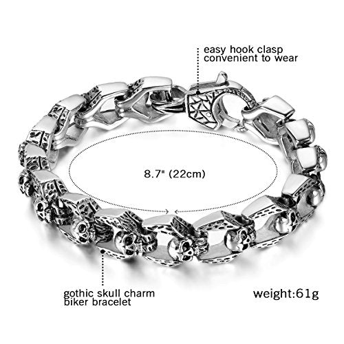 Men Stainless Steel Gothic Skull Charm Bangle Bracelet - 8.5 Inch