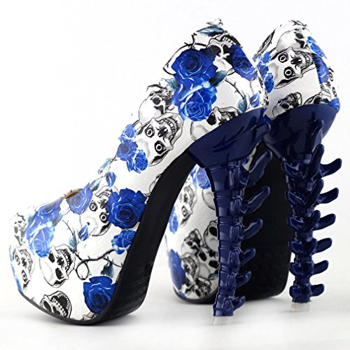 Skull Rose Print Platform Bone Heel Pumps - Blue