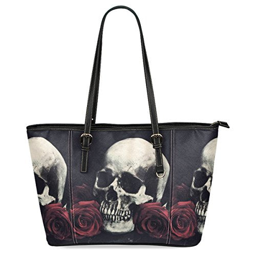 Rose Skull Women Leather Tote Shoulder Bag
