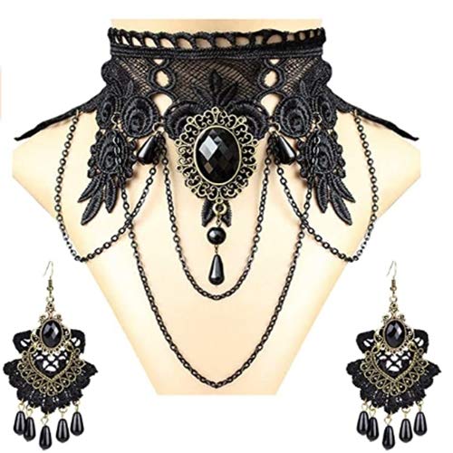 Vintage Black Lace Gothic Choker Necklace and Earrings Set