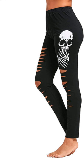 Women Skull Cutout Ripped Leggings