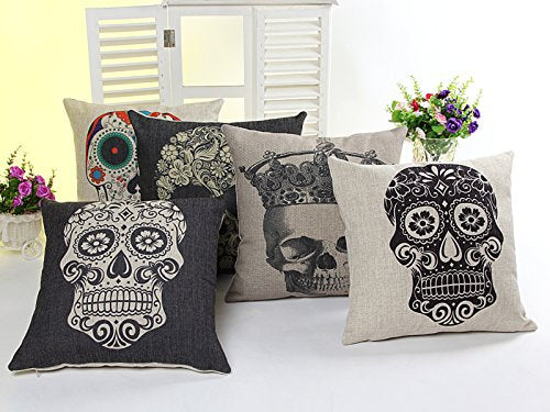 5 PCS 18'' Day of The Dead Skull Linen Pillow Cushion Covers