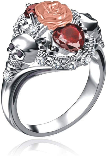 Crystal Heart Gothic Skull Rose Ring