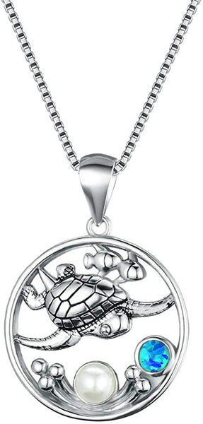 Women's 925 Silver Blue Sea Turtle Pendant Necklace