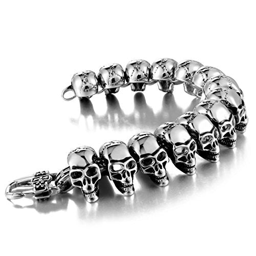 Men 8.5 Inches Stainless Steel Skull Head Gothic Biker Bracelet