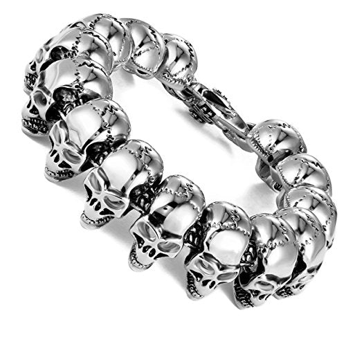 Men 8.5 Inches Stainless Steel Skull Head Gothic Biker Bracelet