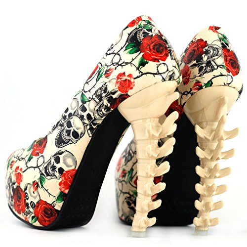 Skull Rose Print Platform Bone Heel Pumps