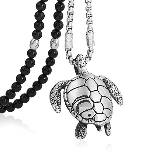 Black Natural Agate Stone Stainless Steel Sea Turtle Pendant Necklace