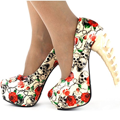 Skull Rose Print Platform Bone Heel Pumps