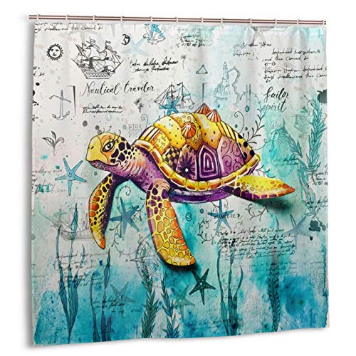 Nautical Map Sea Turtle Bath Curtain with 12 Hooks