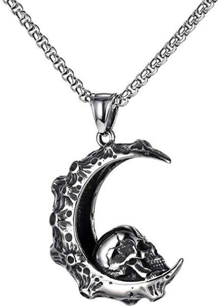 Stainless Steel Crescent Gothic Skull Necklace