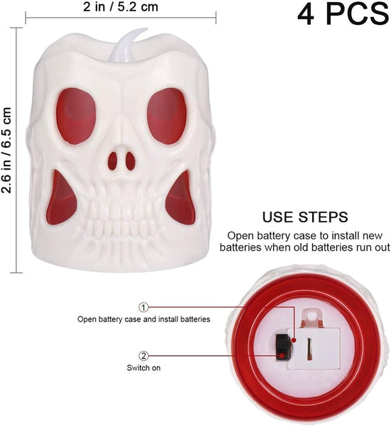Set of 4 LED Light Up Skull Shaped Flameless Candles