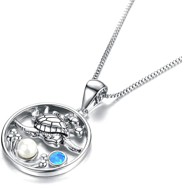 Women's 925 Silver Blue Sea Turtle Pendant Necklace