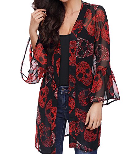 Women Skull Print Sheer Loose Kimono Cardigan Cover up