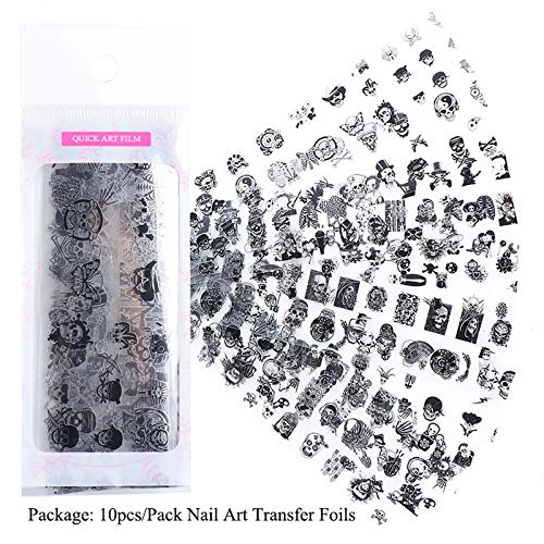 10 Rolls Black Skull Design Nail Foils Art Foil Transfer Stickers