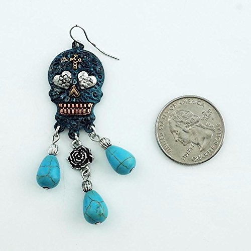 Stone Dangling Sugar Skull Fish Hook Earrings