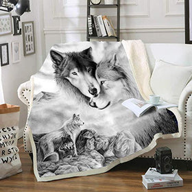 Gray Wolf Sherpa Fleece Throw Blanket (60"x80")