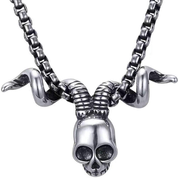 Gothic Skull Snake Bull Horn Pendant Necklace