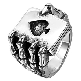 Men Stainless Steel Skull Hand Claw Poker Card Ace Ring
