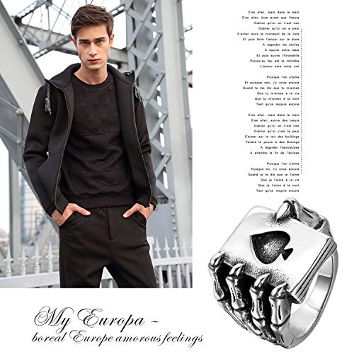 Men Stainless Steel Skull Hand Claw Poker Card Ace Ring
