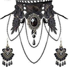 Vintage Black Lace Gothic Choker Necklace and Earrings Set