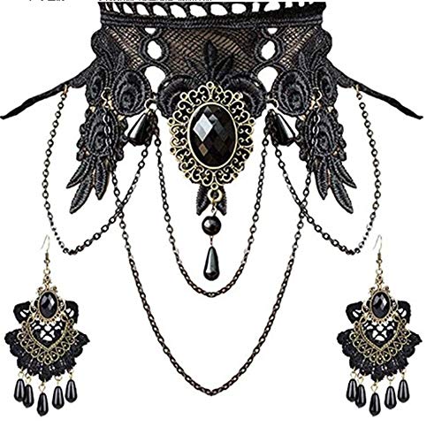 Vintage Black Lace Gothic Choker Necklace and Earrings Set
