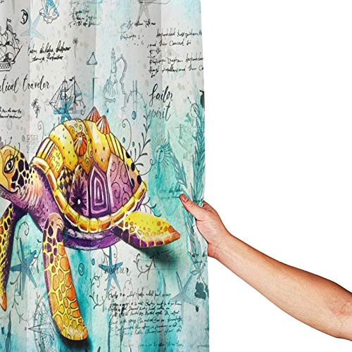 Nautical Map Sea Turtle Bath Curtain with 12 Hooks