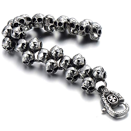 Gothic Large Stainless Steel Triple Skulls Bracelet for Men