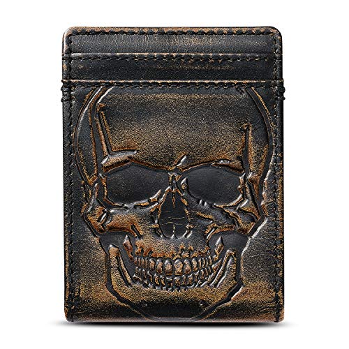 Skull Bifold Money Clip Front Pocket Full Grain Leather Wallet