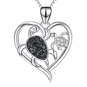 925 Sterling Silver Mom and Baby Sea Turtle Heart Pendant Necklace 18"