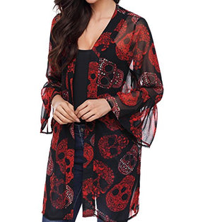 Women Skull Print Sheer Loose Kimono Cardigan Cover up