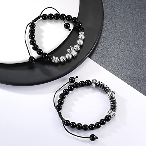 Skull Unisex Lava Stone Adjustable Crown Beaded Bracelet Set