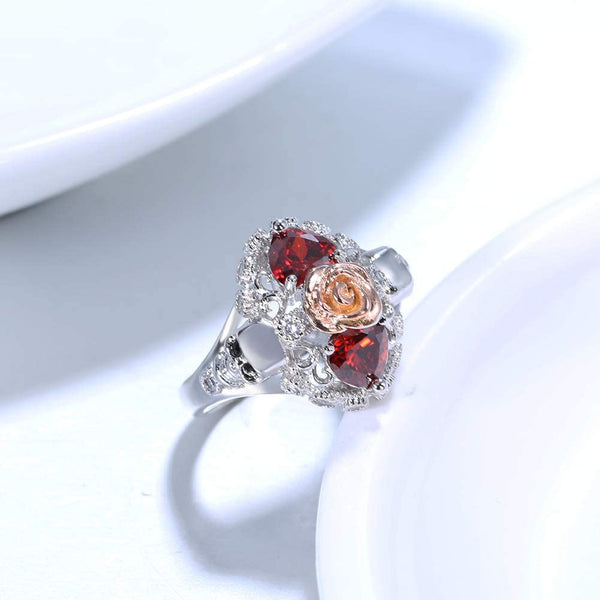 Crystal Heart Gothic Skull Rose Ring