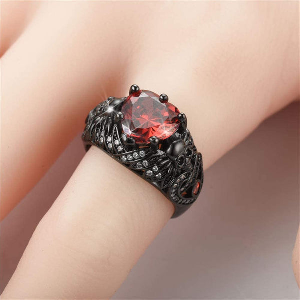 Gothic Fashion Black Skull Heart Ruby Ring