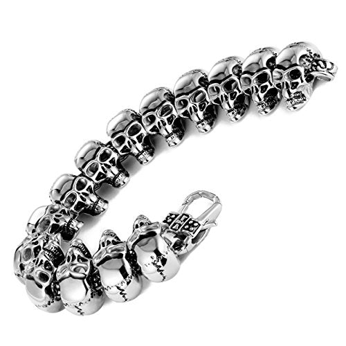 Men 8.5 Inches Stainless Steel Skull Head Gothic Biker Bracelet