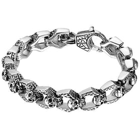 Men Stainless Steel Gothic Skull Charm Bangle Bracelet - 8.5 Inch