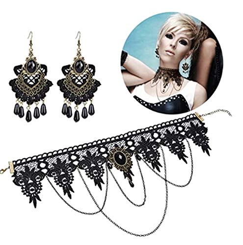 Vintage Black Lace Gothic Choker Necklace and Earrings Set