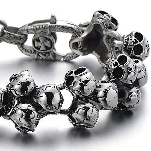 Gothic Large Stainless Steel Triple Skulls Bracelet for Men