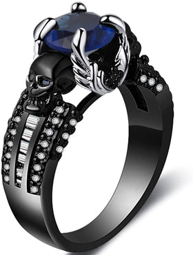 Blue Stone Gothic Skull Angel Wings Ring