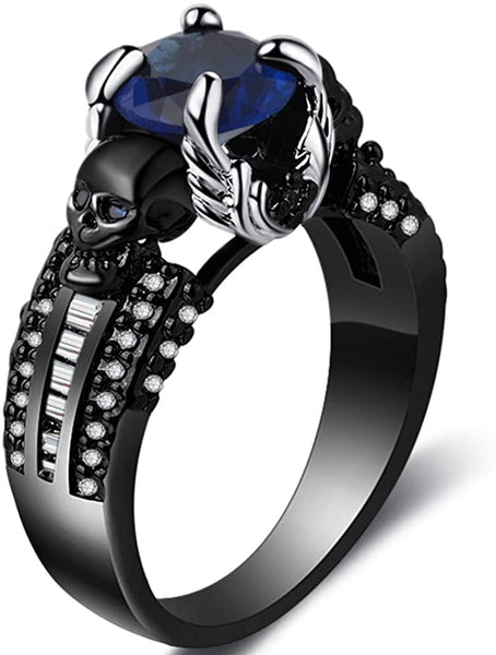Blue Stone Gothic Skull Angel Wings Ring
