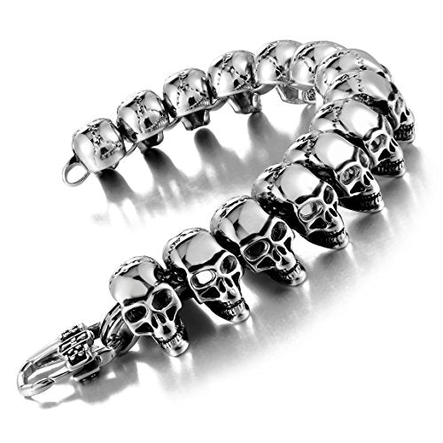 Men 8.5 Inches Stainless Steel Skull Head Gothic Biker Bracelet