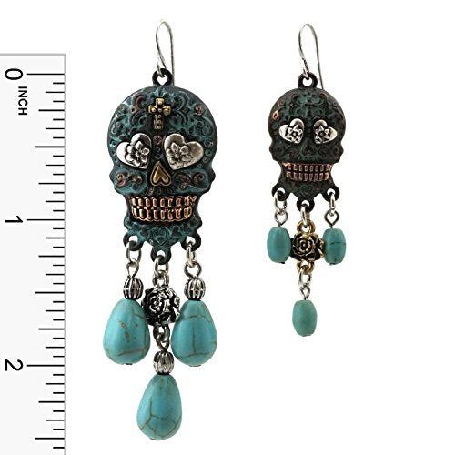 Stone Dangling Sugar Skull Fish Hook Earrings