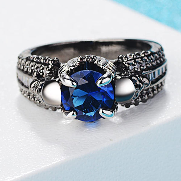 Blue Stone Gothic Skull Angel Wings Ring