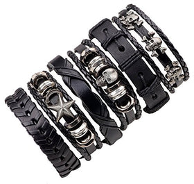 6-PCS Skull Mixed Stackable Braided Leather Cuff Bracelet