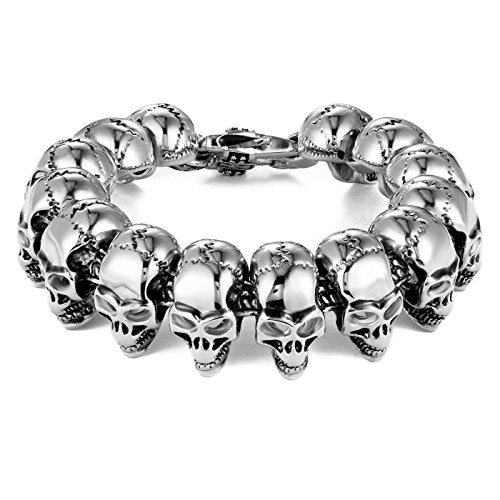 Men 8.5 Inches Stainless Steel Skull Head Gothic Biker Bracelet
