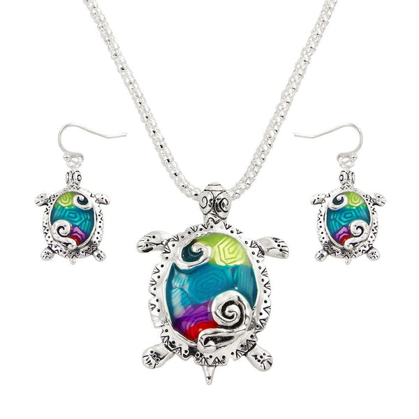 Multi-Color Sea Turtle Fashionable Necklace & Earrings Set